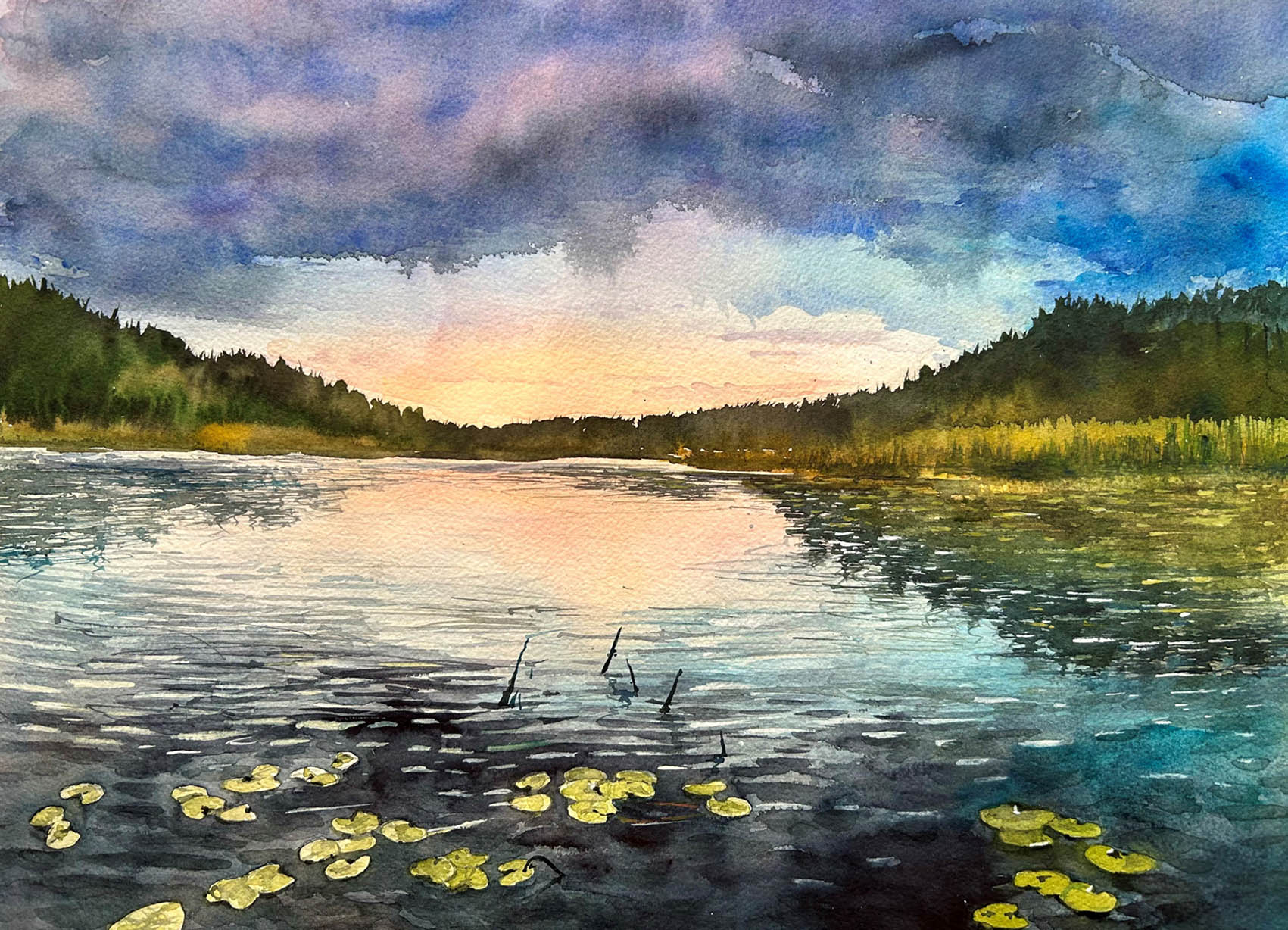 "SOMMARKVÄLL PÅ EKERÖ", akvarell 54x43